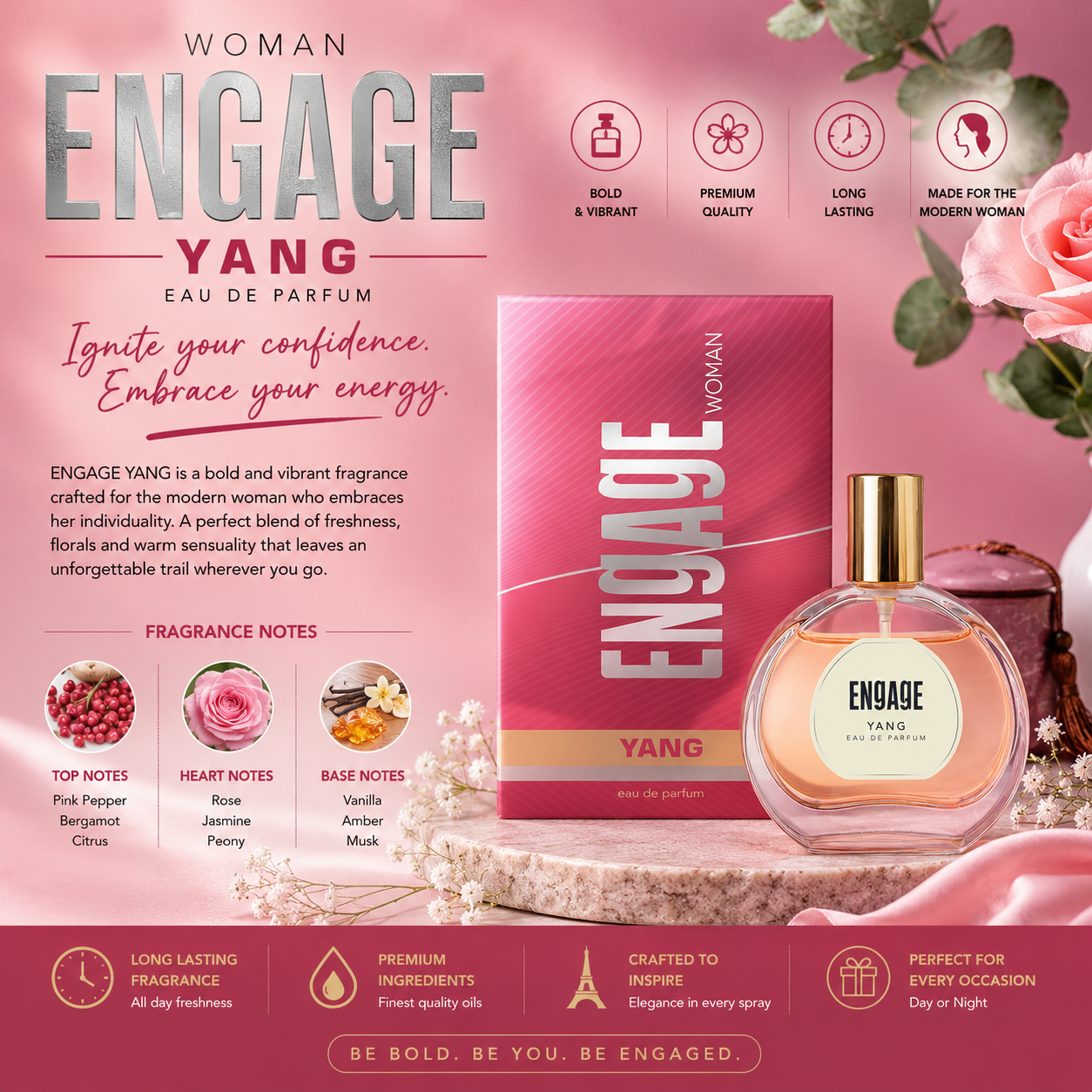 Engage Yang Woman Eau De Parfum for Women | Long Lasting Floral Fruity Fragrance Perfume Spray | Premium Daily Wear Scent | 50ml