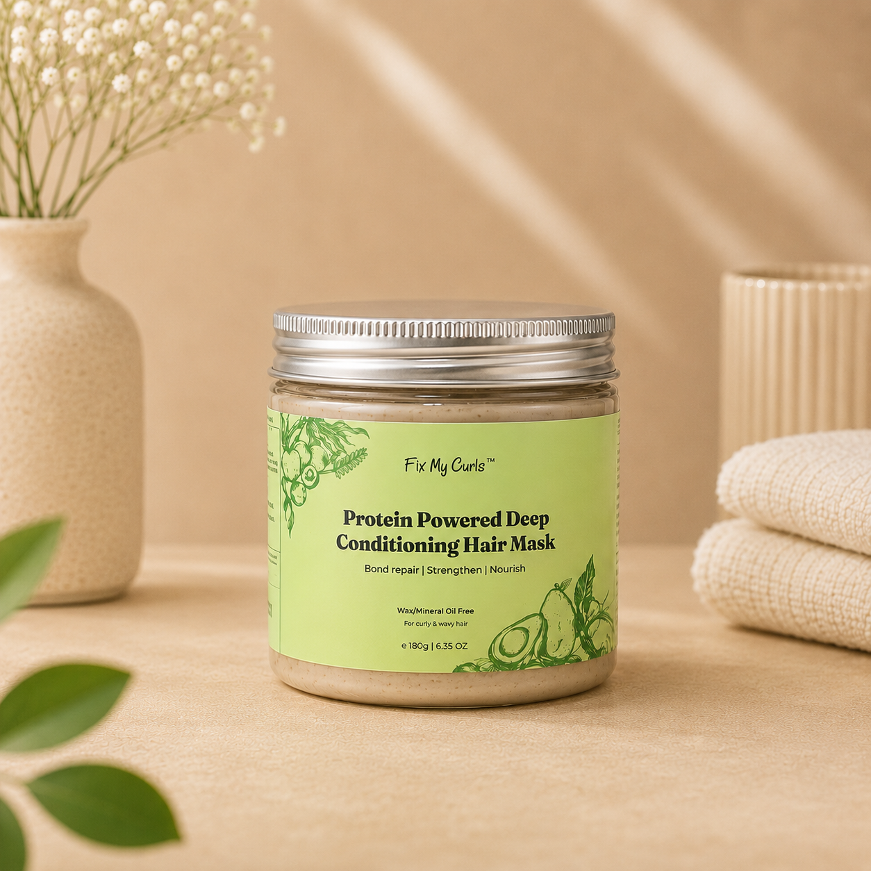 Fix My Curls Protein Powered Deep Conditioning Hair Mask | Bond Repair & Strengthening Hair Treatment for Curly & Wavy Hair | Silicone Free | 180g