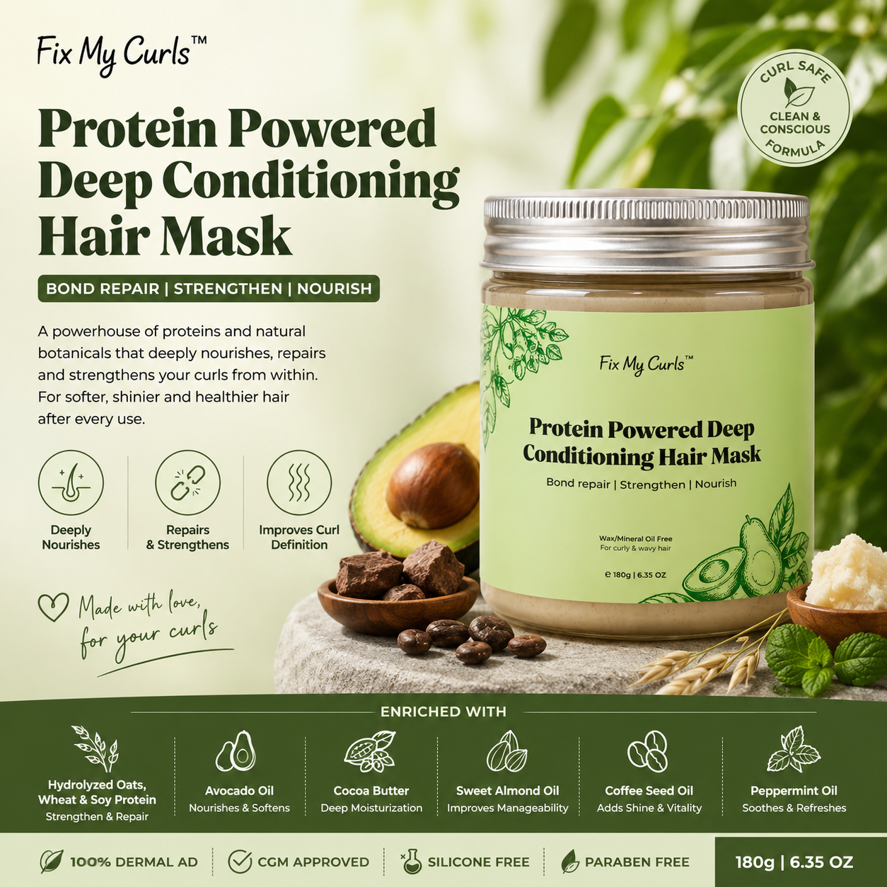 Fix My Curls Protein Powered Deep Conditioning Hair Mask | Bond Repair & Strengthening Hair Treatment for Curly & Wavy Hair | Silicone Free | 180g