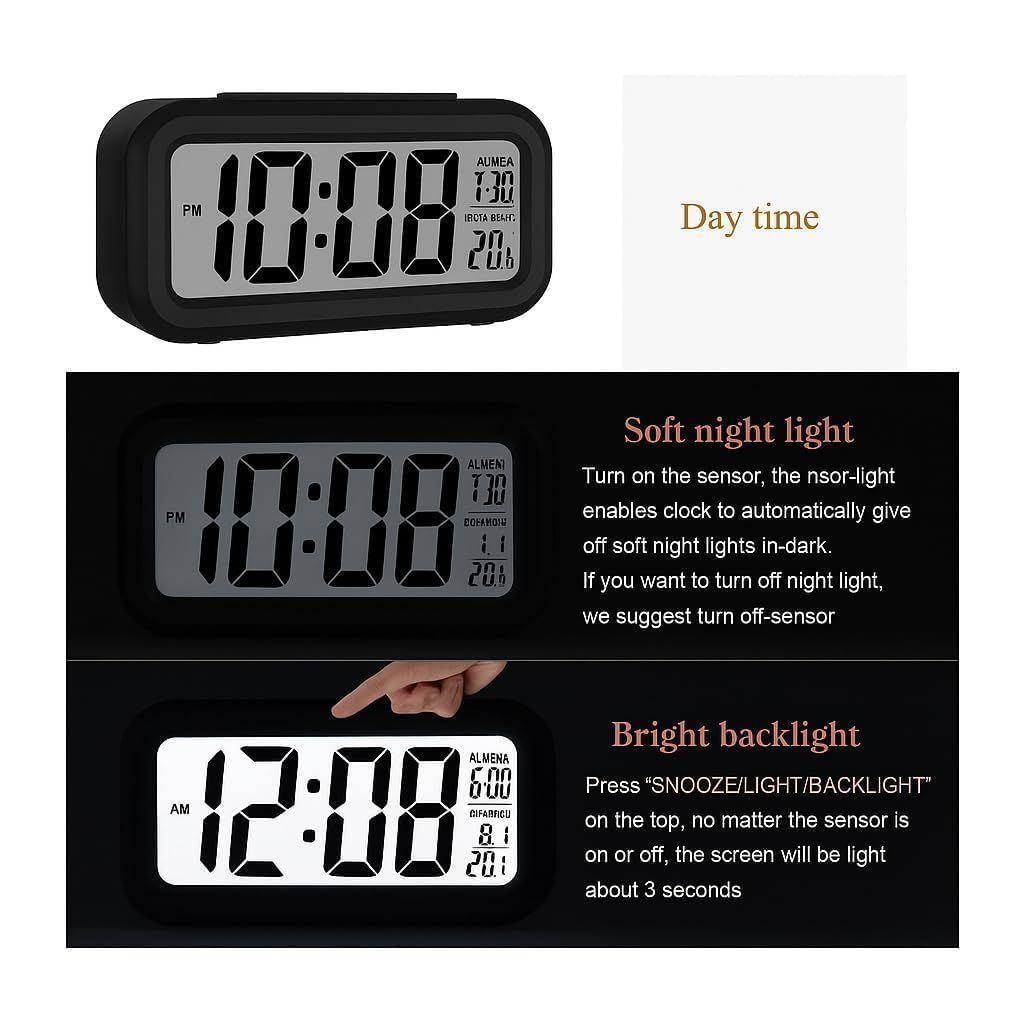 Digital Alarm Clock with Automatic Sensor, Date & Temperature Display, Compact LED Desk Table Clock for Students, Bedroom, Office, Living Room, Home Decor