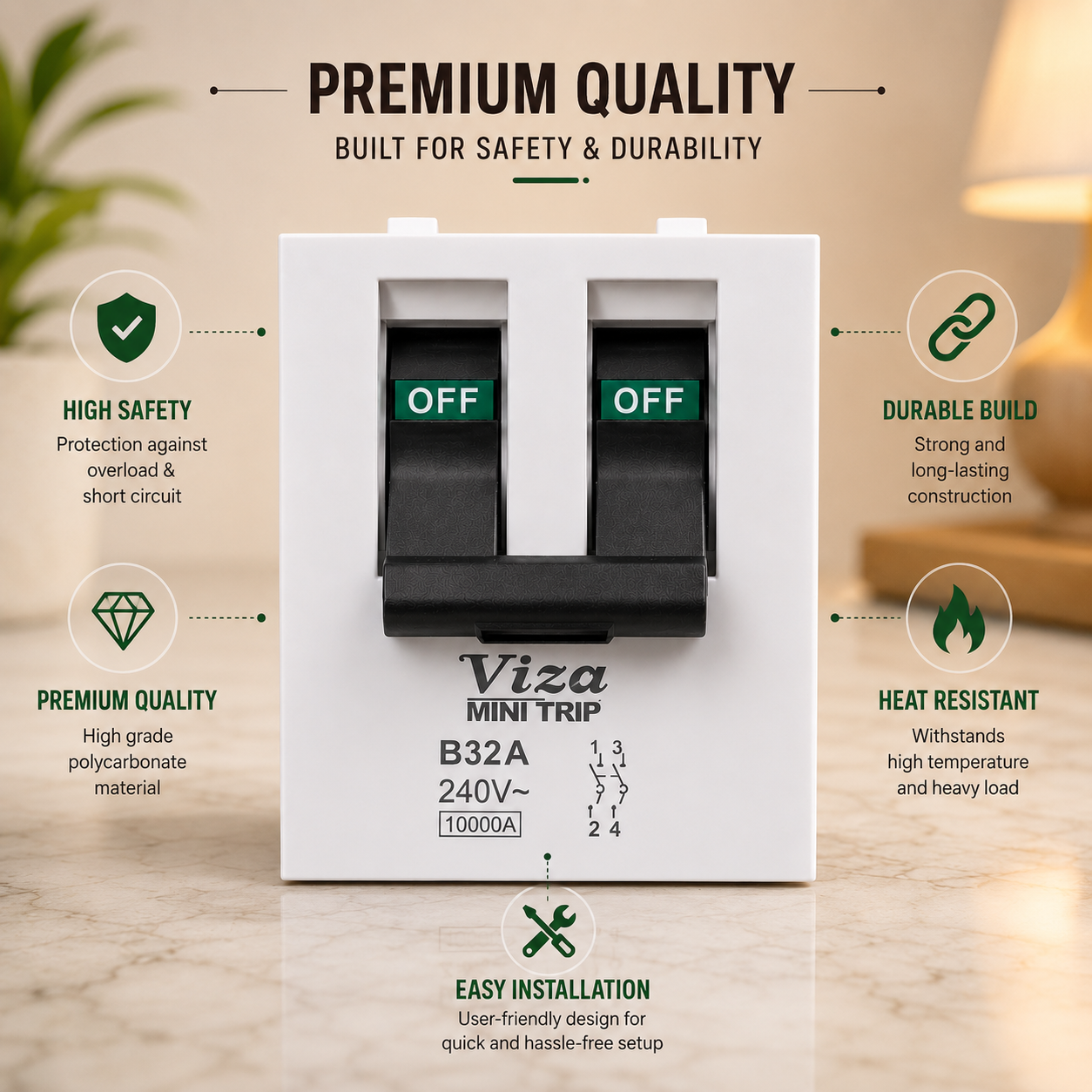 Vinayaka Viza Mini Trip DP MCB B32A 32 Amp Double Pole Circuit Breaker | 240V | 10000A Breaking Capacity