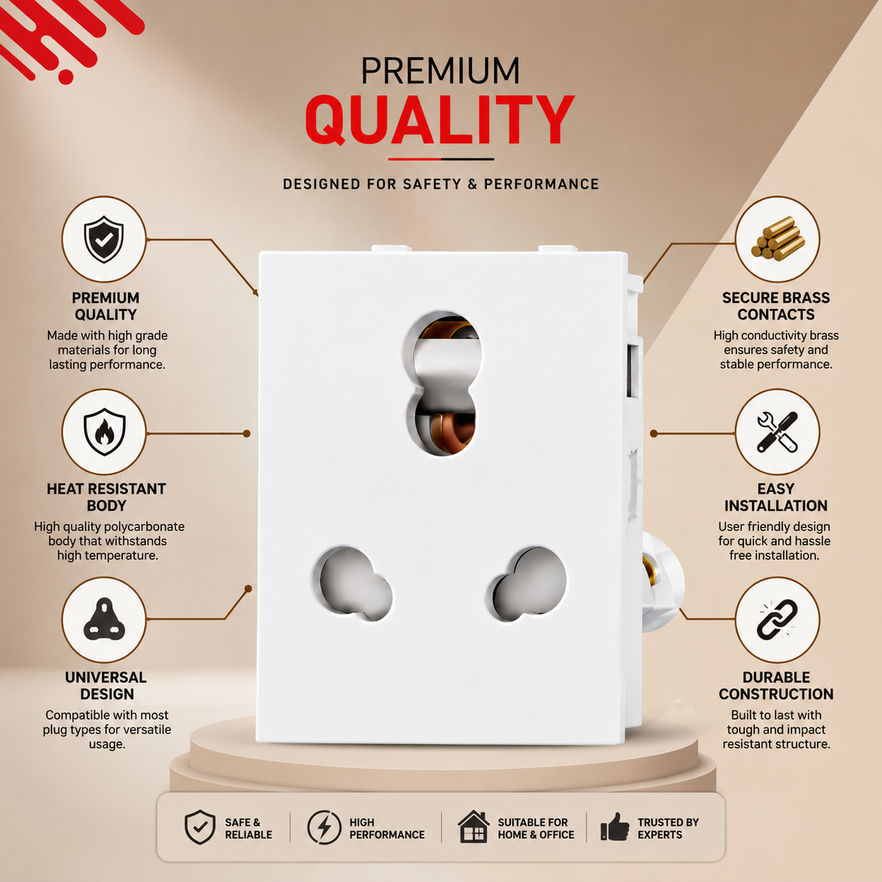 Vinayak Classic 6A/16A Twin Socket, Durable and Stylish Electrical Outlet for Home and Office