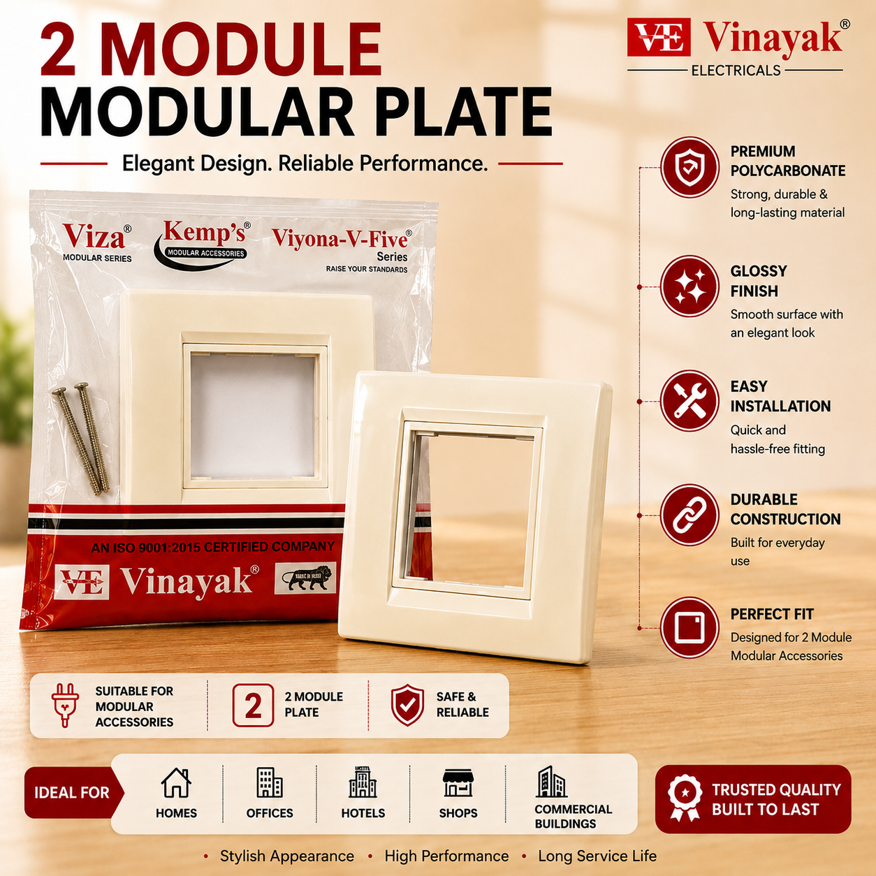 Vinayak 2 Module Modular Plate | Premium Polycarbonate Wall Plate | Viyona V-Five Series