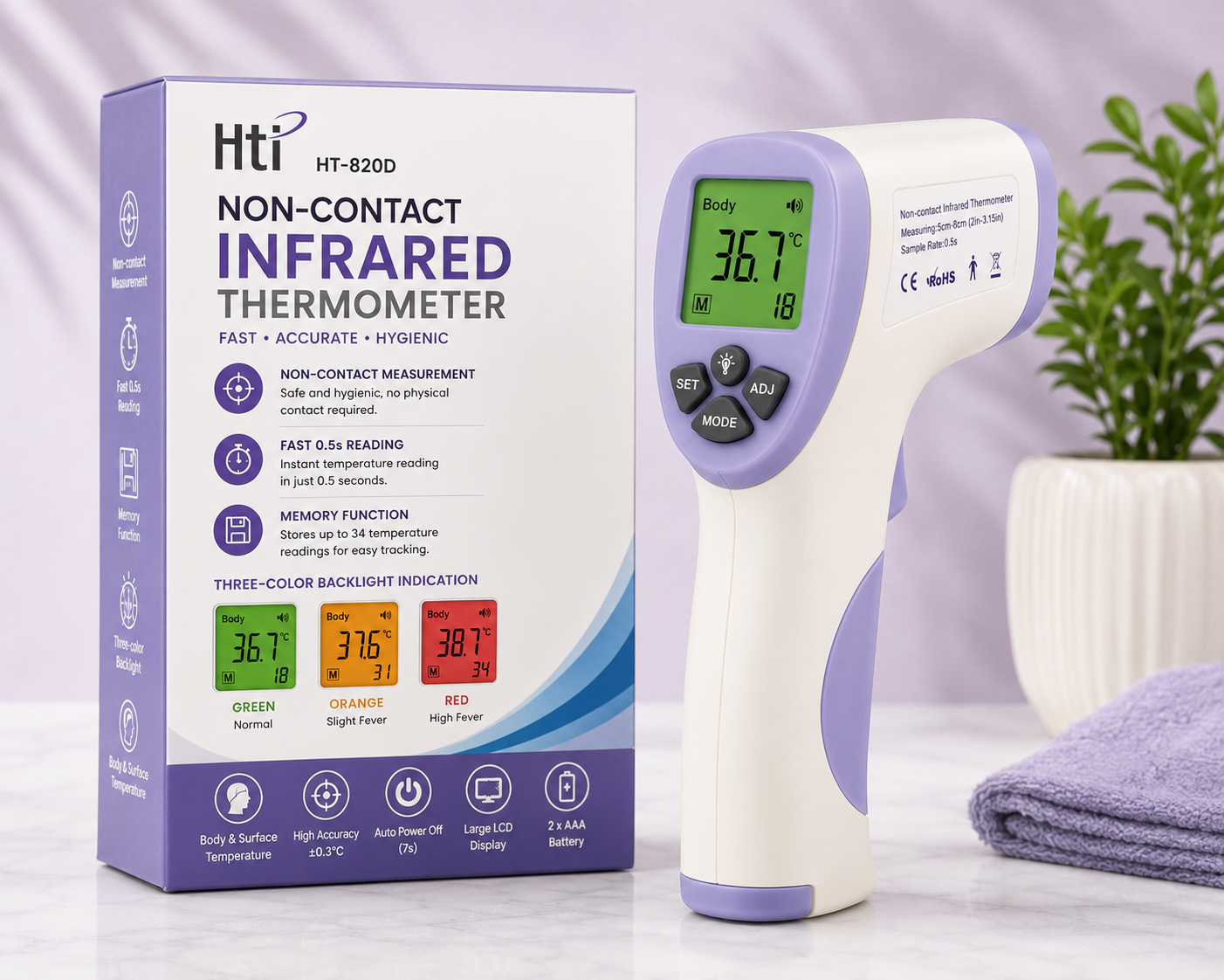 HTi HT-820D Non-Contact Infrared Body Thermometer | Digital Laser Temperature Gun | Fever Detection | LCD Display | Instant Reading