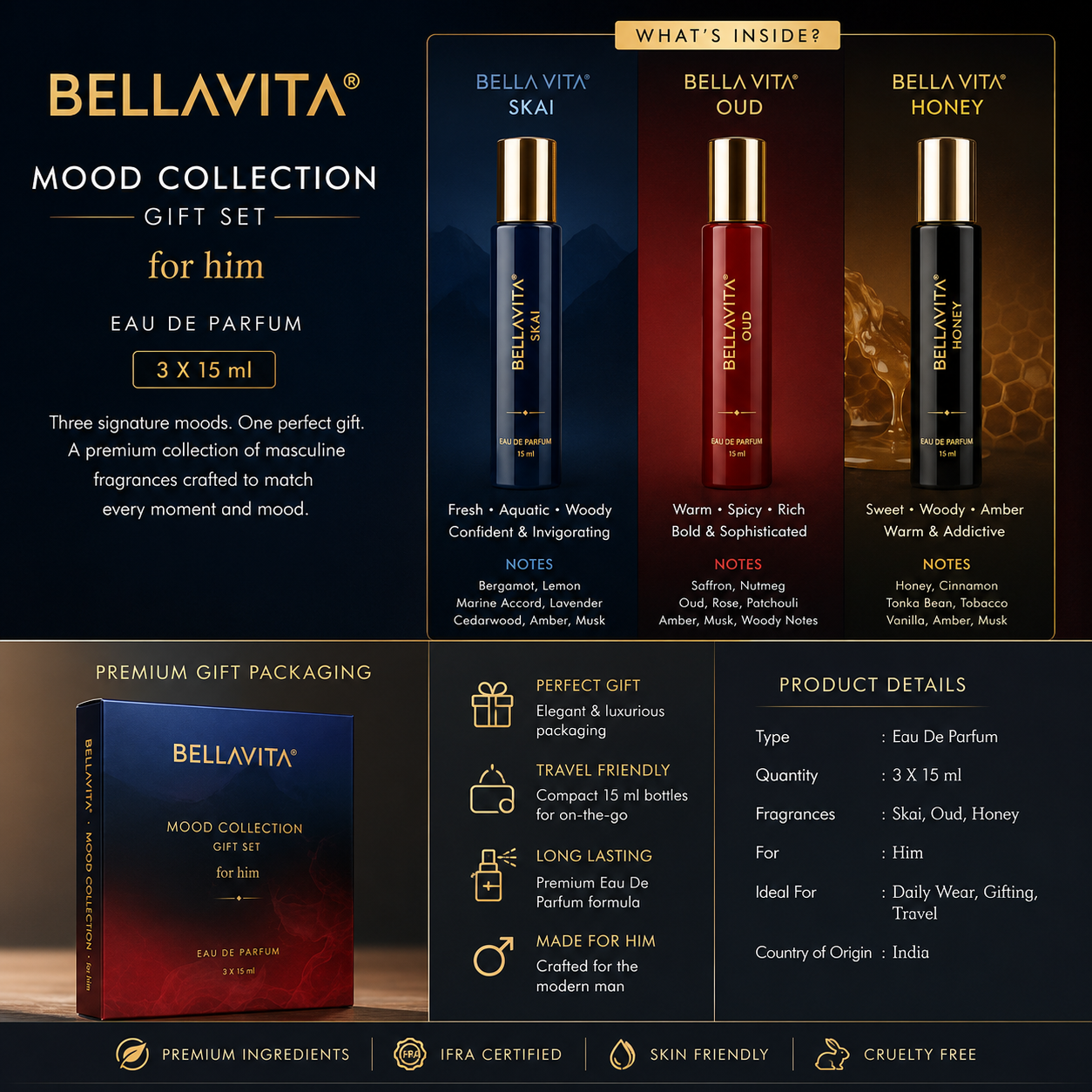 Bellavita Mood Collection Gift Set for Him 3 in 1 | Eau De Parfum | Skai, Oud & Honey | 3 x 15ml Premium Fragrance Set