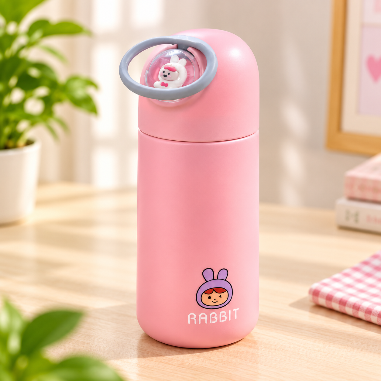 Cute Rabbit Water Bottle for Kids | Pink Reusable Water Bottle with Handle | Stylish & Portable Bottle