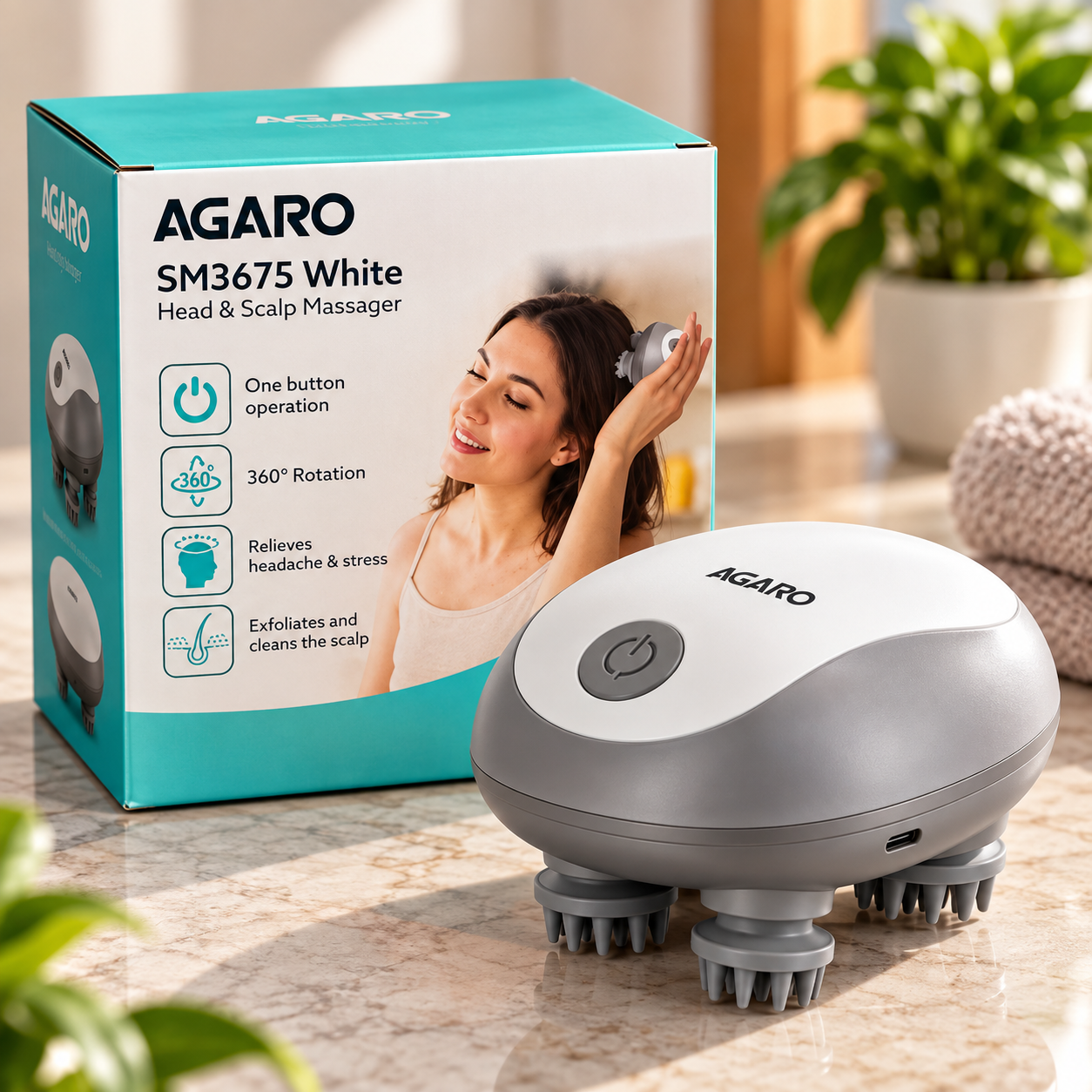 AGARO SM3675 White Head & Scalp Massager | 3 Speed Modes & 360° Rotation | Scalp Massage & Relaxation Device