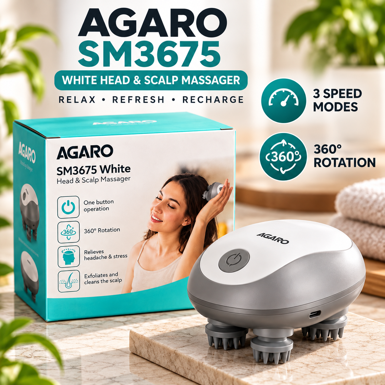 AGARO SM3675 White Head & Scalp Massager | 3 Speed Modes & 360° Rotation | Scalp Massage & Relaxation Device