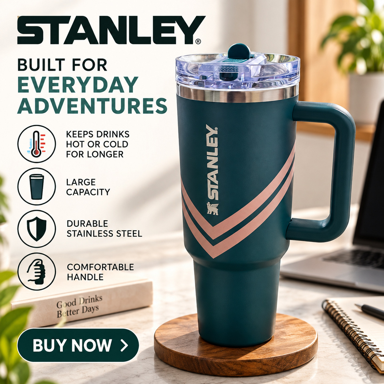 Stanley Insulated Travel Tumbler with Handle | Large Capacity Stainless Steel Water Cup | Hot & Cold Drinks