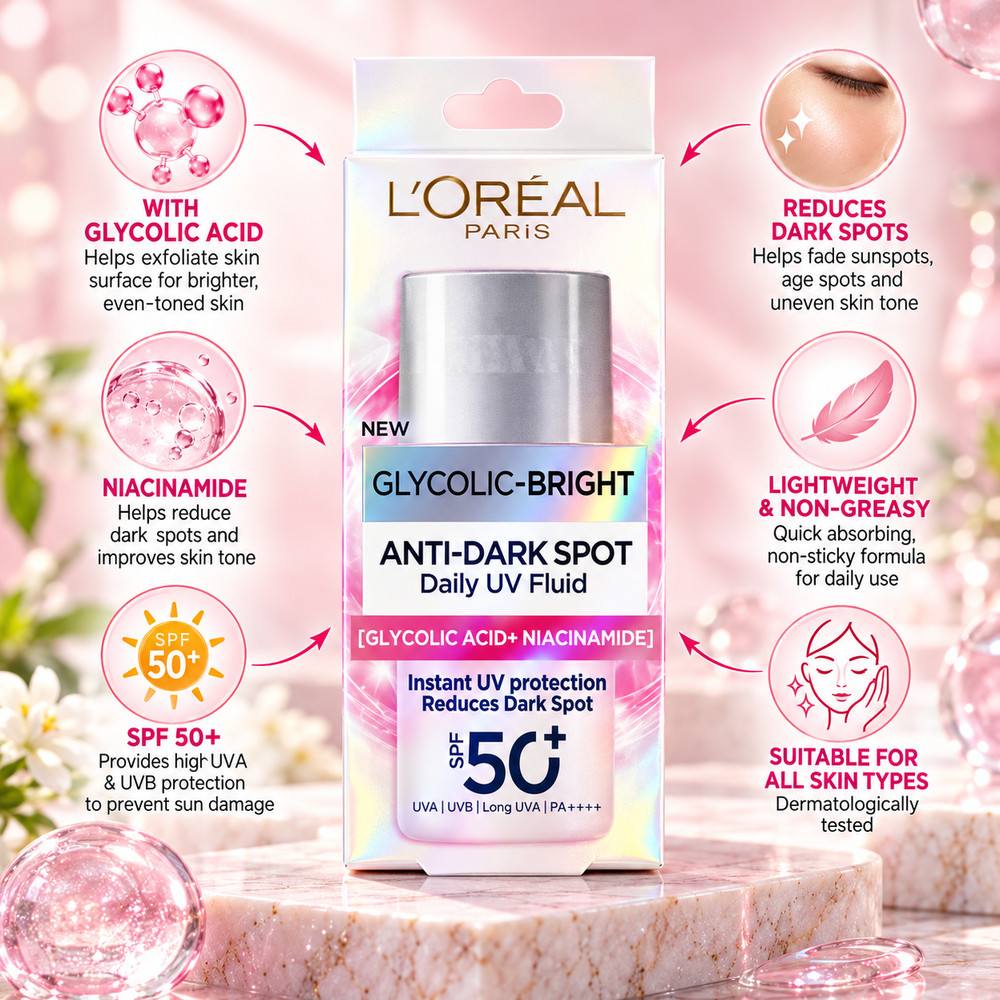 L’Oréal Paris Glycolic-Bright Anti-Dark Spot Daily UV Fluid SPF 50+ PA++++ with Glycolic Acid & Niacinamide – 50ml