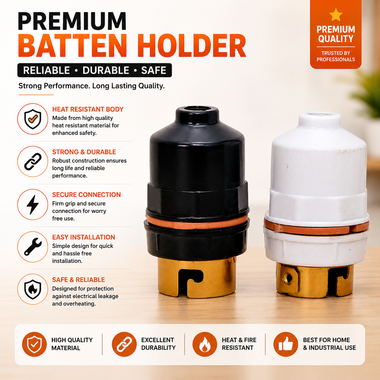 PVC Batten Lamp Holder | B22 Bulb Holder | Heavy Duty Ceiling Lamp Holder | Black & White (Set of 2)
