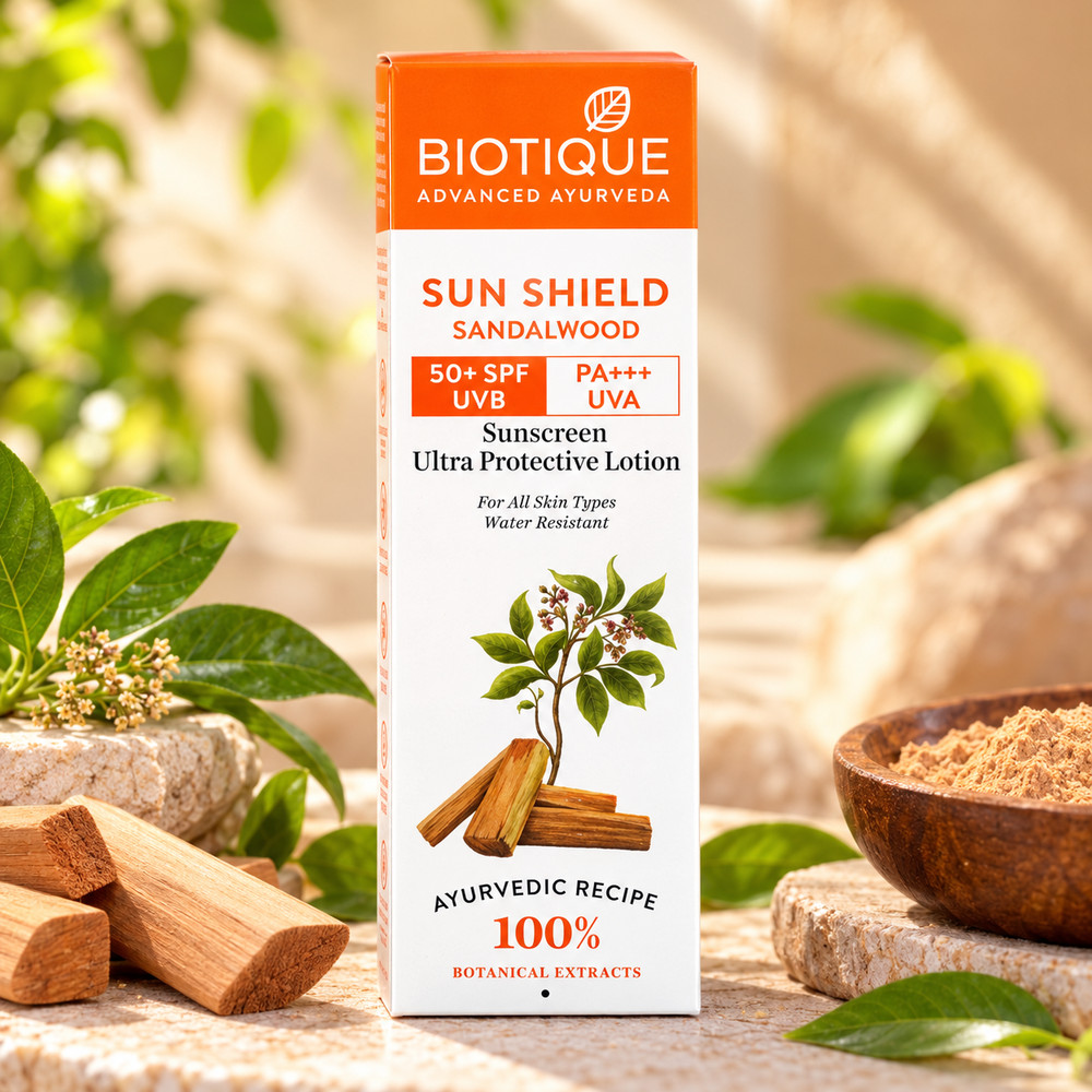 Biotique Sun Shield Sandalwood Sunscreen SPF 50+ PA+++ UVA Protection, Ultra Protective Water-Resistant Lotion for All Skin Types | 120 ml