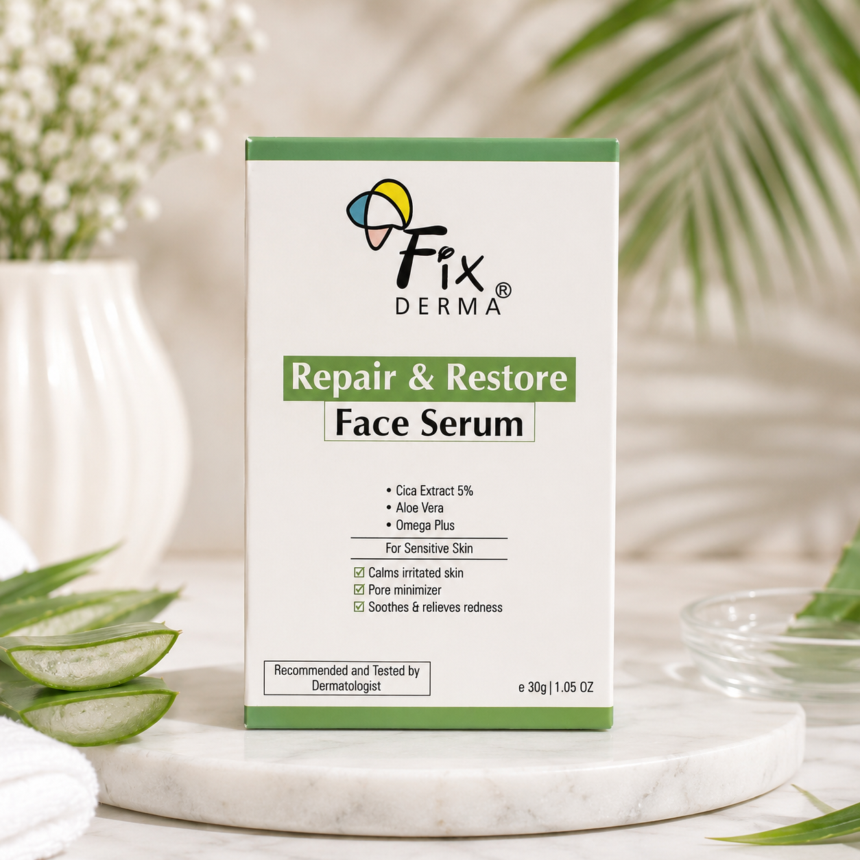 Fix derma Repair & Restore Face Serum with Cica Extract 5%, Aloe Vera & Omega Plus for Sensitive Skin – Calms Irritation & Redness – 30g