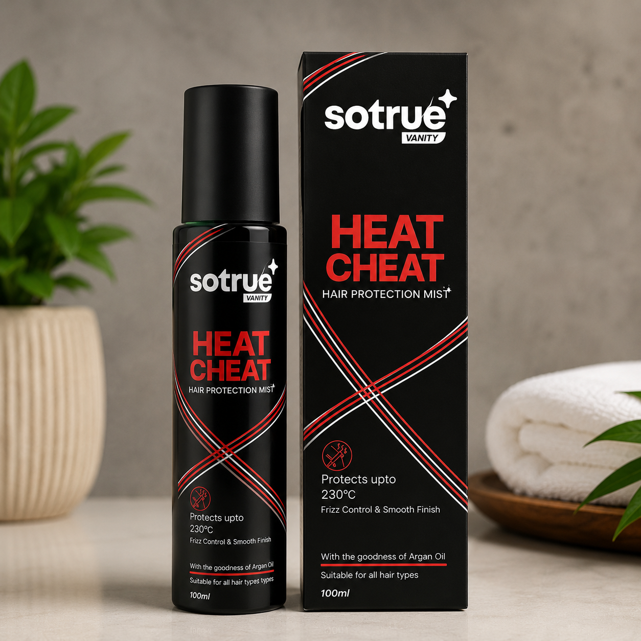 Sotrue Vanity Heat Cheat Hair Protection Mist with Argan Oil | Protects Up to 230°C | Frizz Control & Smooth Finish | Suitable for All Hair Types | 100ml